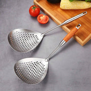 304 Stainless Steel Kitchen Colander Long Handle Noodle Dumpling Strainer Spoon - Yellow wood V528-COLANDER-HMH-751009