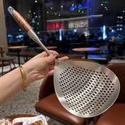304 Stainless Steel Kitchen Colander Long Handle Noodle Dumpling Strainer Spoon - Yellow wood V528-COLANDER-HMH-751009