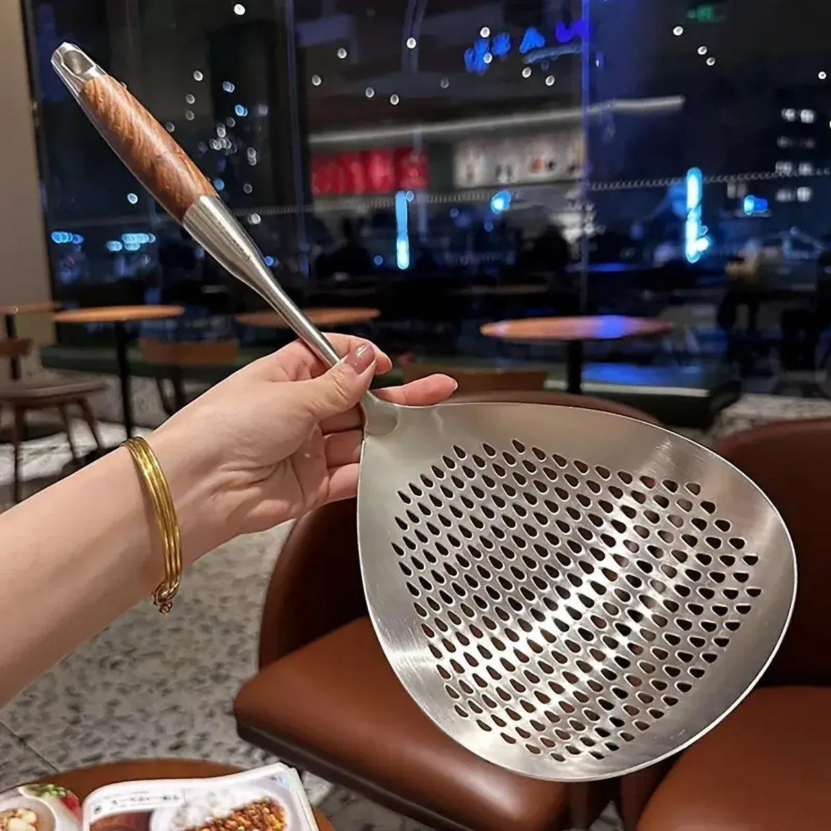 304 Stainless Steel Kitchen Colander Long Handle Noodle Dumpling Strainer Spoon - Stainless steel V528-COLANDER-YS-908111