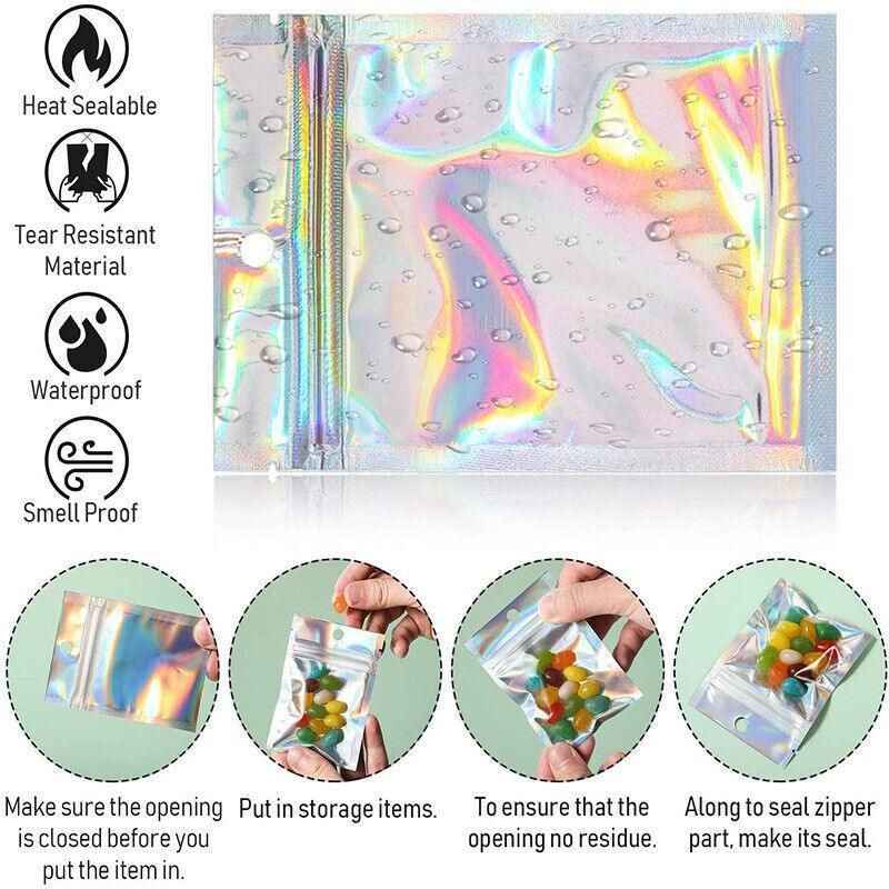 100/200X Iridescent Zip Bags for Food Storage & Holographic Makeup Pouch - 7*10cm 100PCS V528-COLORBAG-7-10-100PCS-59760