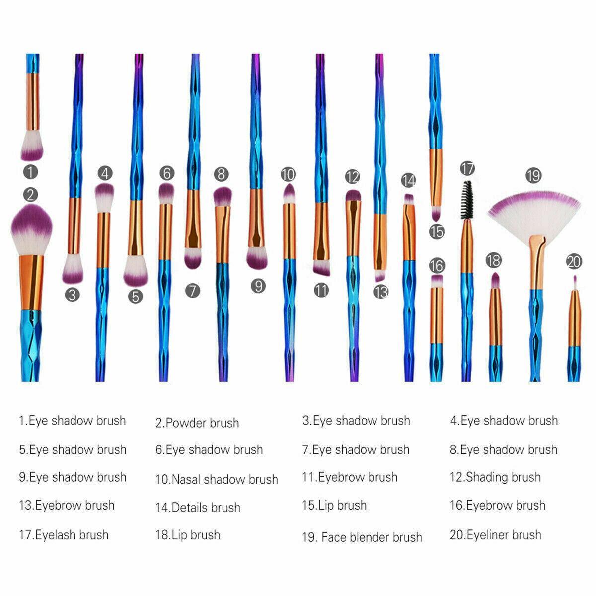 20 Pcs Eye Make-Up Brushes Diamond Unicorn Eyeshadow Eyebrow Blending Brush Set - Blue and Pink V528-COLOUR-BLUEANDPINK65540