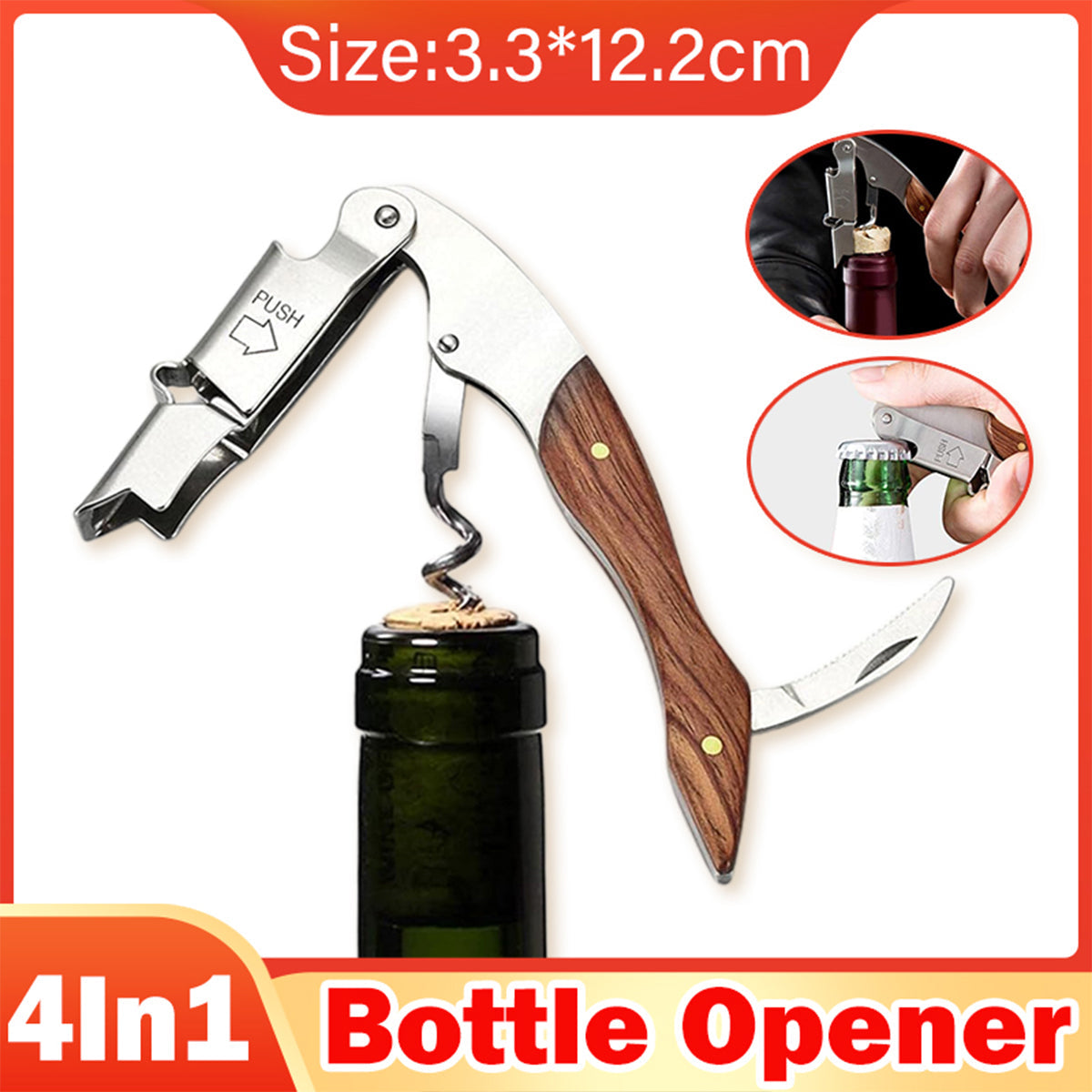 Multi Functional Wine Opener 4 In 1 Bottle Corkscrew Opener Wine Bar Tool Kit V528-CORKSCREW-WOODEN-HANDLE-944482