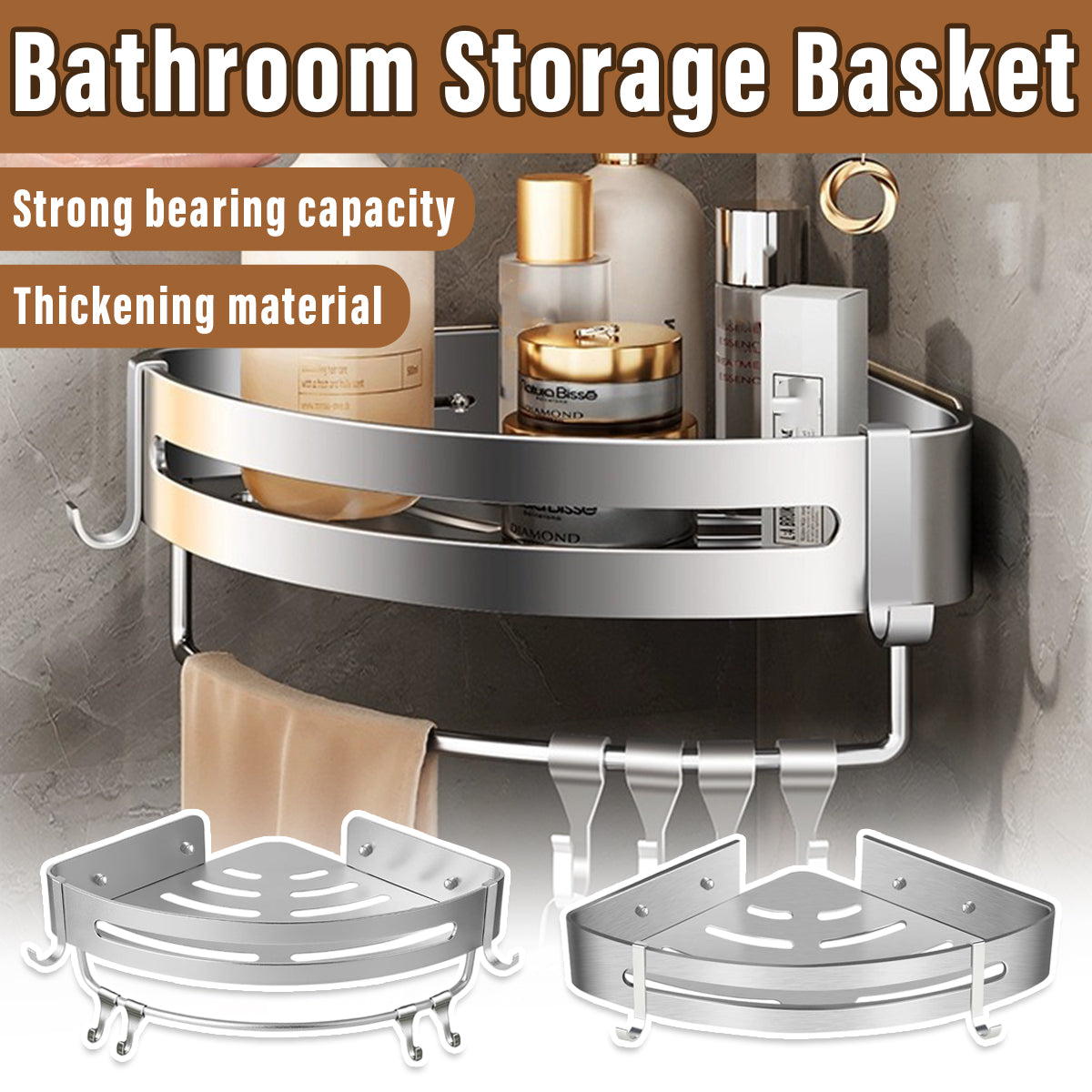 Wall Mounted Bathroom Shelf Triangle Corner Shower Storage Rack for Toiletries - Single layer with rod V528-CORNER-RACK-SILVER-ROD-251552