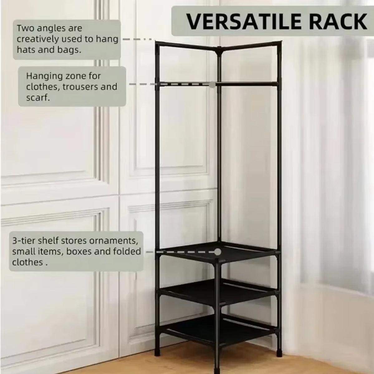 Floor Standing Corner Coat Rack Multifunctional Clothes Hanger Storage Organizer V528-CORNER-SHELF-3-BLACK-807751