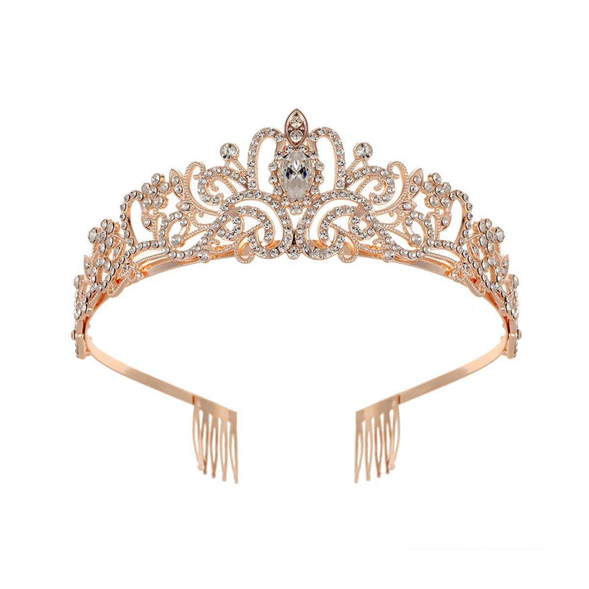 Princess Rhinestone Queen Hair Tiara Headband Hair Accessories Crystal Crown - Gold-White V528-CROWN-GOLD-WHITE-737161