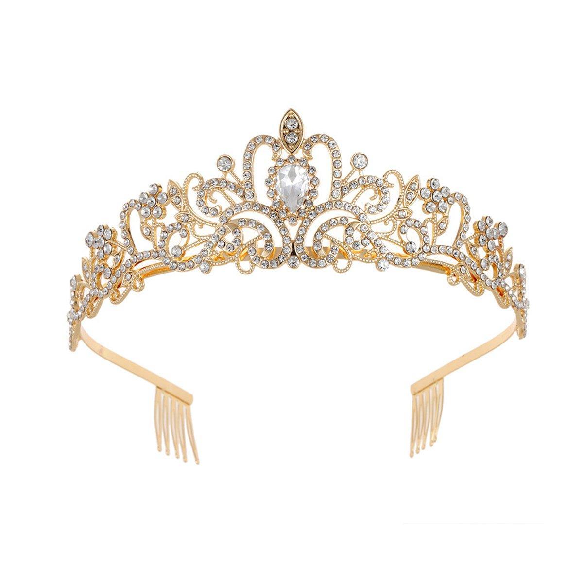 Princess Rhinestone Queen Hair Tiara Headband Hair Accessories Crystal Crown - Gold-White V528-CROWN-GOLD-WHITE-737161