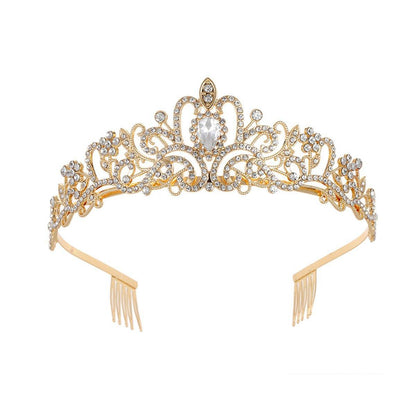 Princess Rhinestone Queen Hair Tiara Headband Hair Accessories Crystal Crown - Gold-White V528-CROWN-GOLD-WHITE-737161