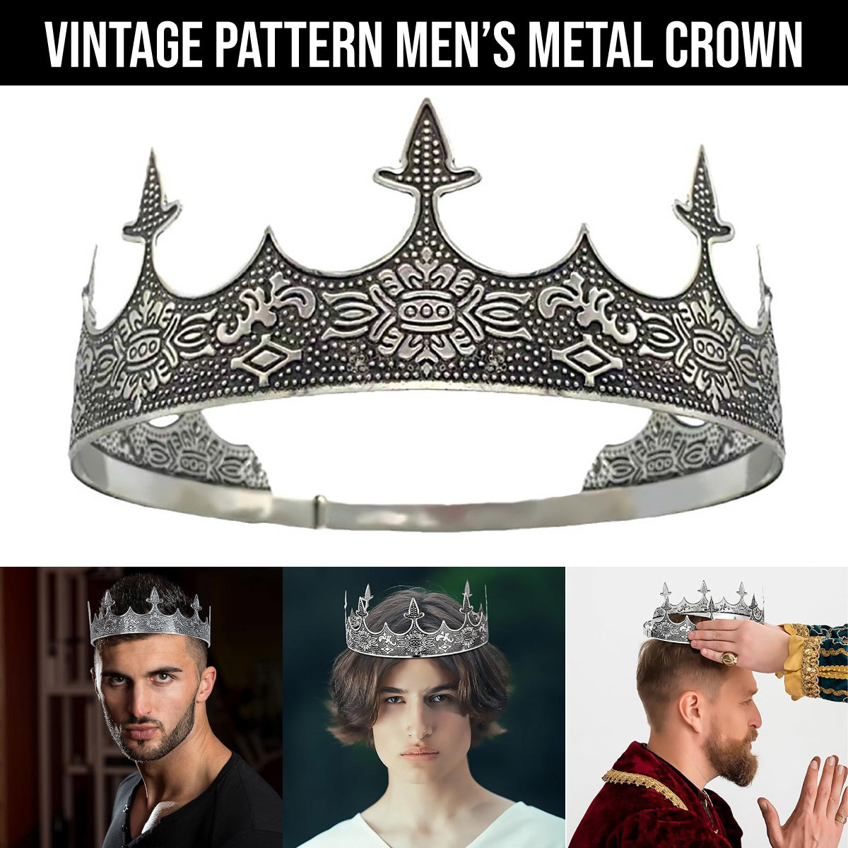 Men Crown Headpiece Royal Vintage Metal Crown Gold Medieval King Costume Party V528-CROWN-SILVER-459386