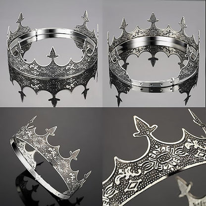 Men Crown Headpiece Royal Vintage Metal Crown Gold Medieval King Costume Party V528-CROWN-SILVER-459386