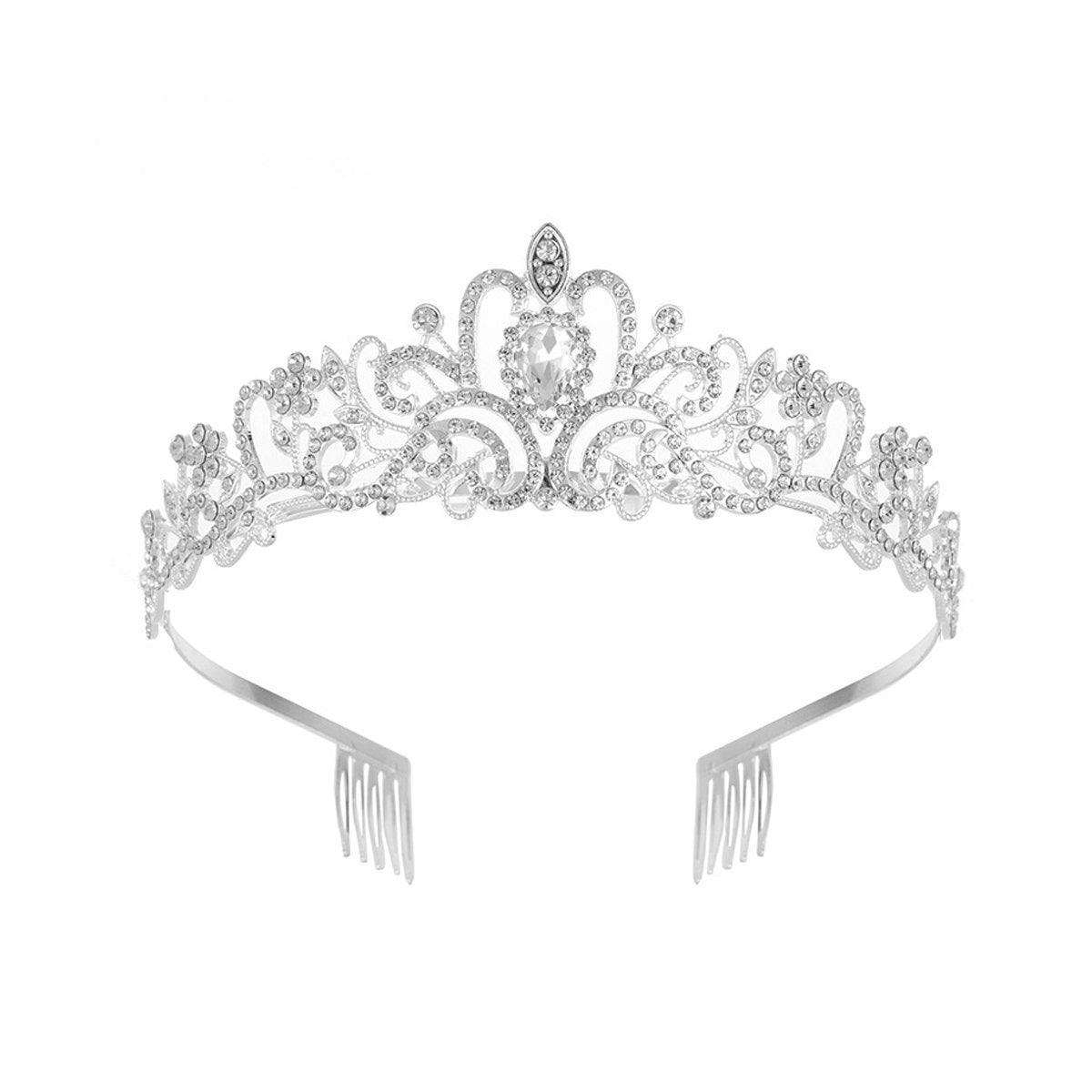 Princess Rhinestone Queen Hair Tiara Headband Hair Accessories Crystal Crown - Silver-Blue V528-CROWN-SILVER-BLUE-930912