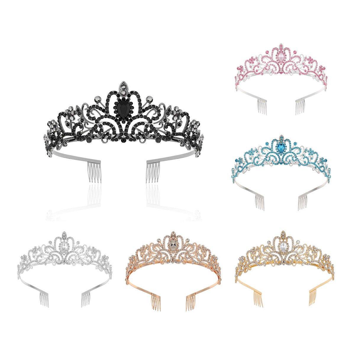 Princess Rhinestone Queen Hair Tiara Headband Hair Accessories Crystal Crown - Silver-Pink V528-CROWN-SILVER-PINK-415575