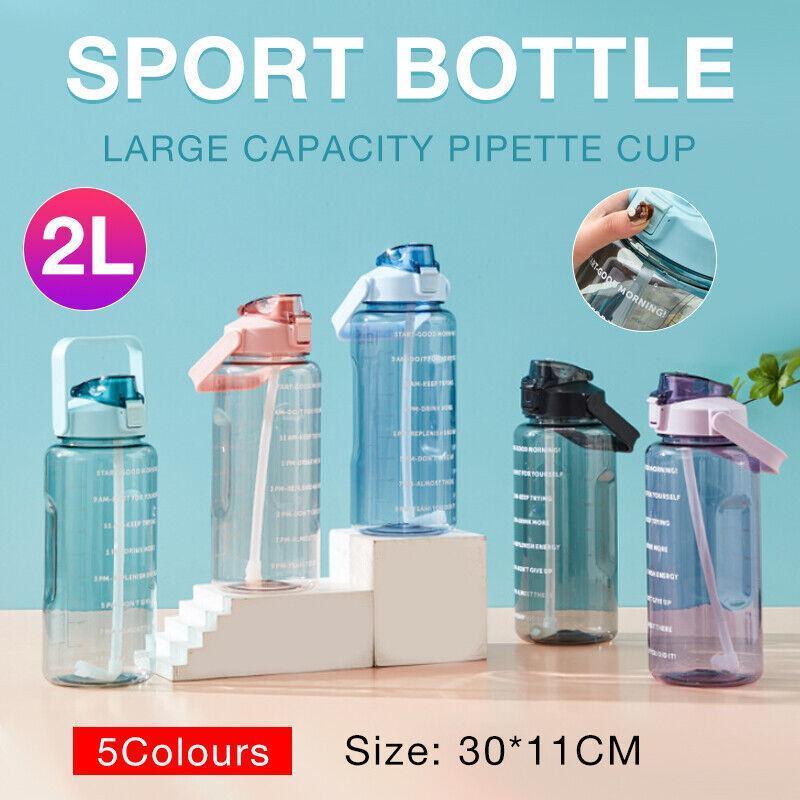2L Water Bottle Straw Cup Motivational Drink Flask With Time Markings Sports Gym - Green V528-CUP-GREEN-86237
