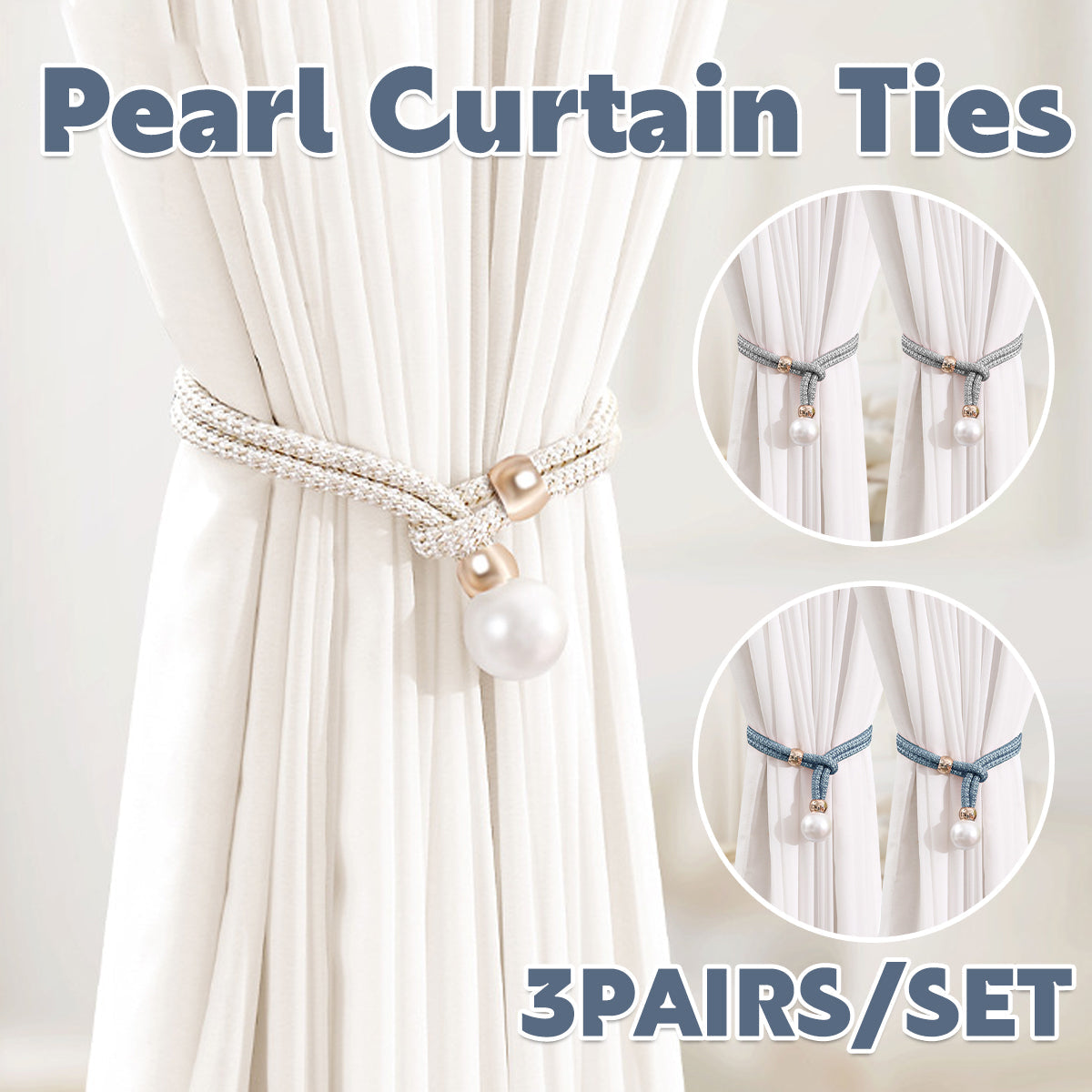 Curtain Tiebacks Pearl Strap Set 3 Pairs Decorative Buckle Holder Rings Hooks - Grey V528-CURTAIN-TIE-GREY-3PAIR-144022
