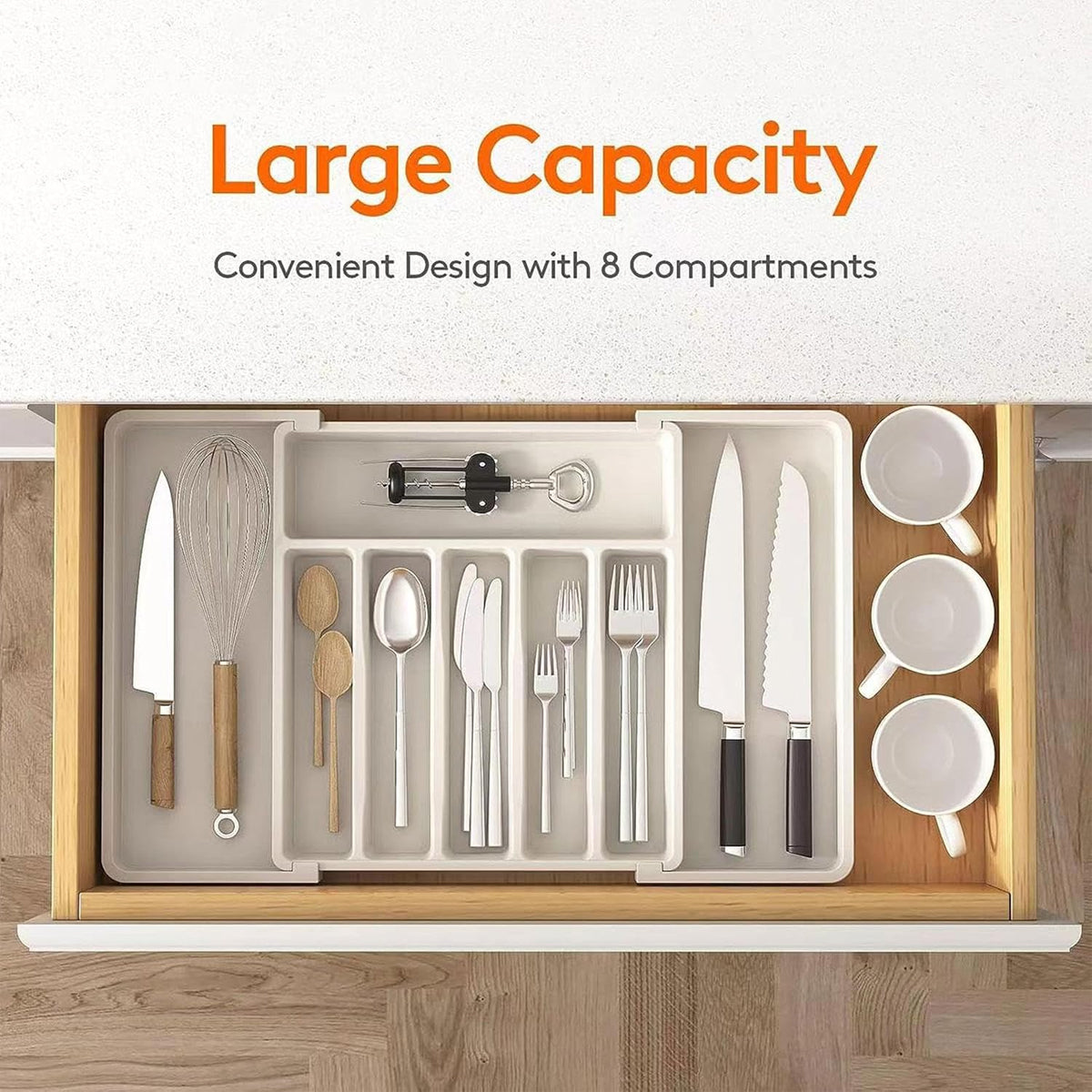 Portable Tableware Storage Box Telescopic Household Storage Tray Organizer V528-CUTLERY-TRAY-WHITE-694879