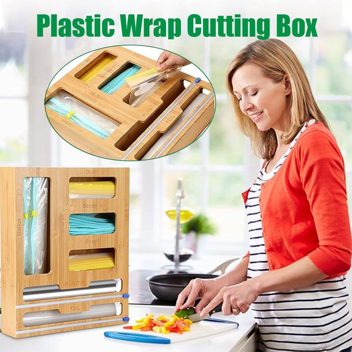 Bamboo Kitchen Storage Box for Plastic Wrap Tin Foil Paper Cutter with Lid V528-CUTTING-BOX-284854