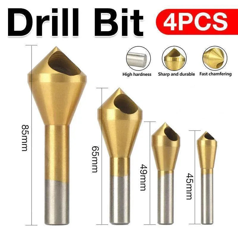 4PCS HSS Countersink Chamfer Drill Bit Set Titanium Coated Deburring Tools V528-CUTTINGDRILL-312424