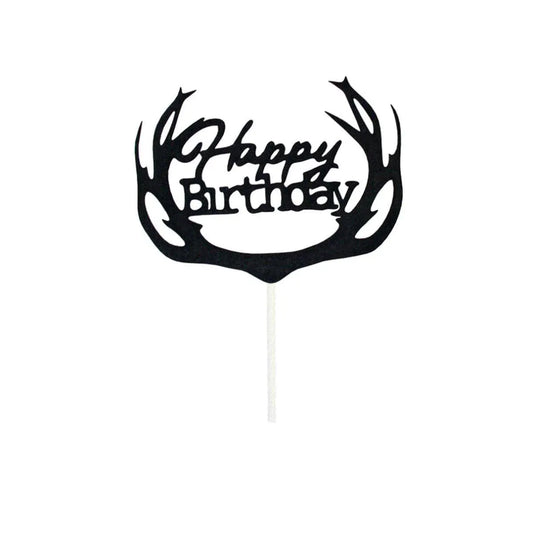 Happy Birthday Cake Topper Colour Printed Acrylic Party Decorations - Black-Deer V528-DEER-BLACK-963533