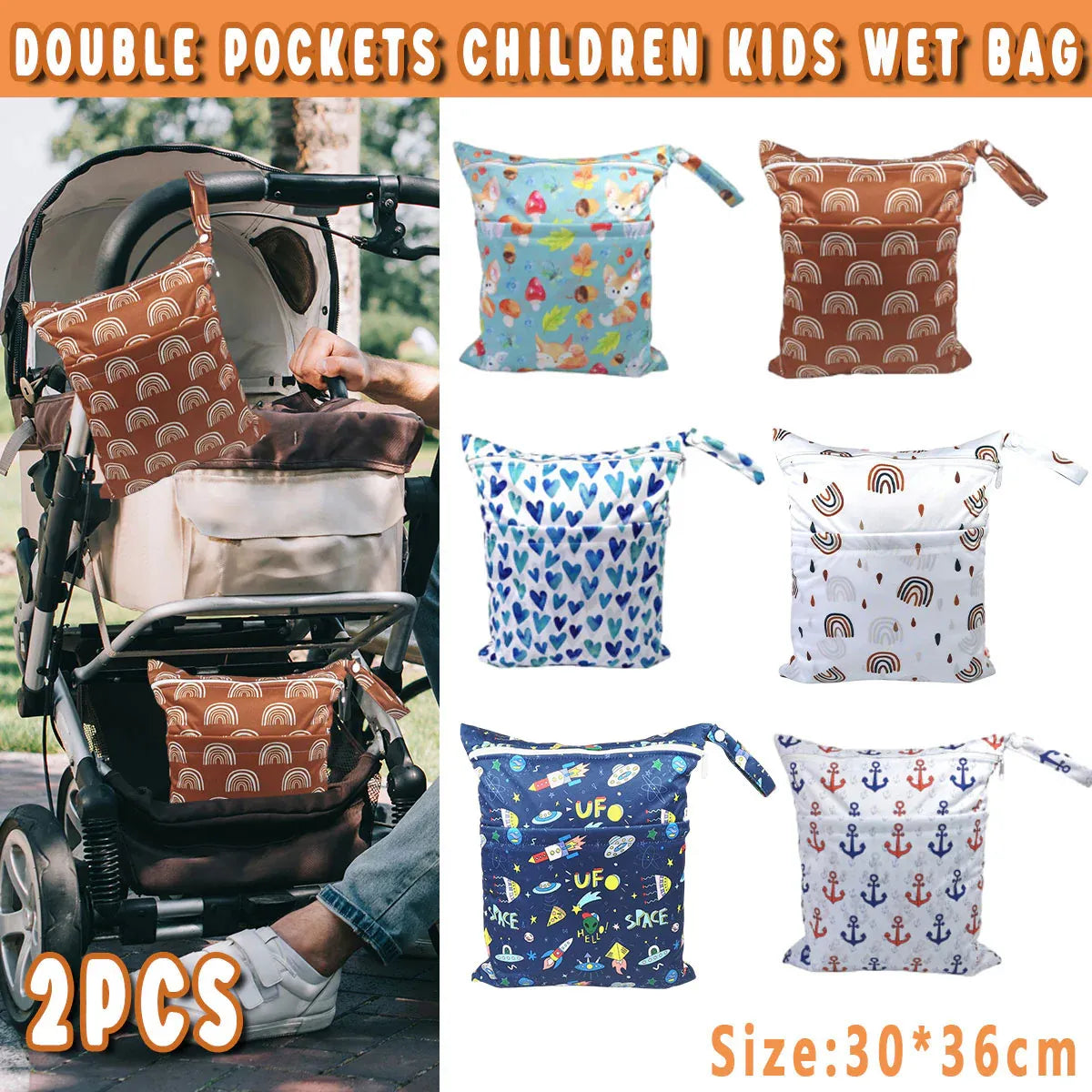 2PCS Cartoon Printed Diaper Bag Double Zipper Washable Storage Organizer - Blue Heart V528-DIAPER-BAG-2PCS-BLUE-HEART-678152