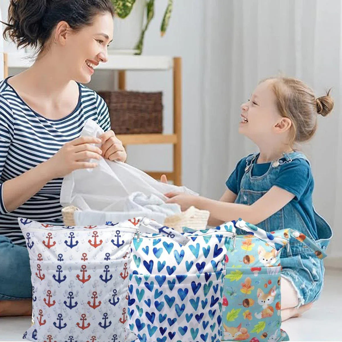 2PCS Cartoon Printed Diaper Bag Double Zipper Washable Storage Organizer - Blue Heart V528-DIAPER-BAG-2PCS-BLUE-HEART-678152