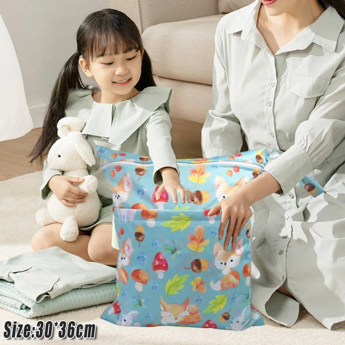 2PCS Cartoon Printed Diaper Bag Double Zipper Washable Storage Organizer - Blue Heart V528-DIAPER-BAG-2PCS-BLUE-HEART-678152