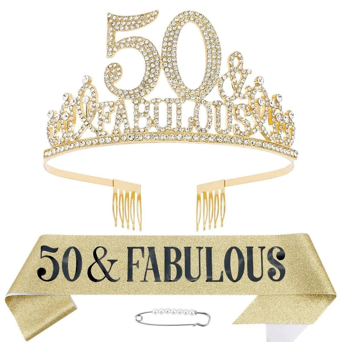 50th Birthday Gold Party Set Hairband Crown Sash Belt Ceremonial Accessory Kit V528-DIGITAL-CROWN-GOLD-50-600569
