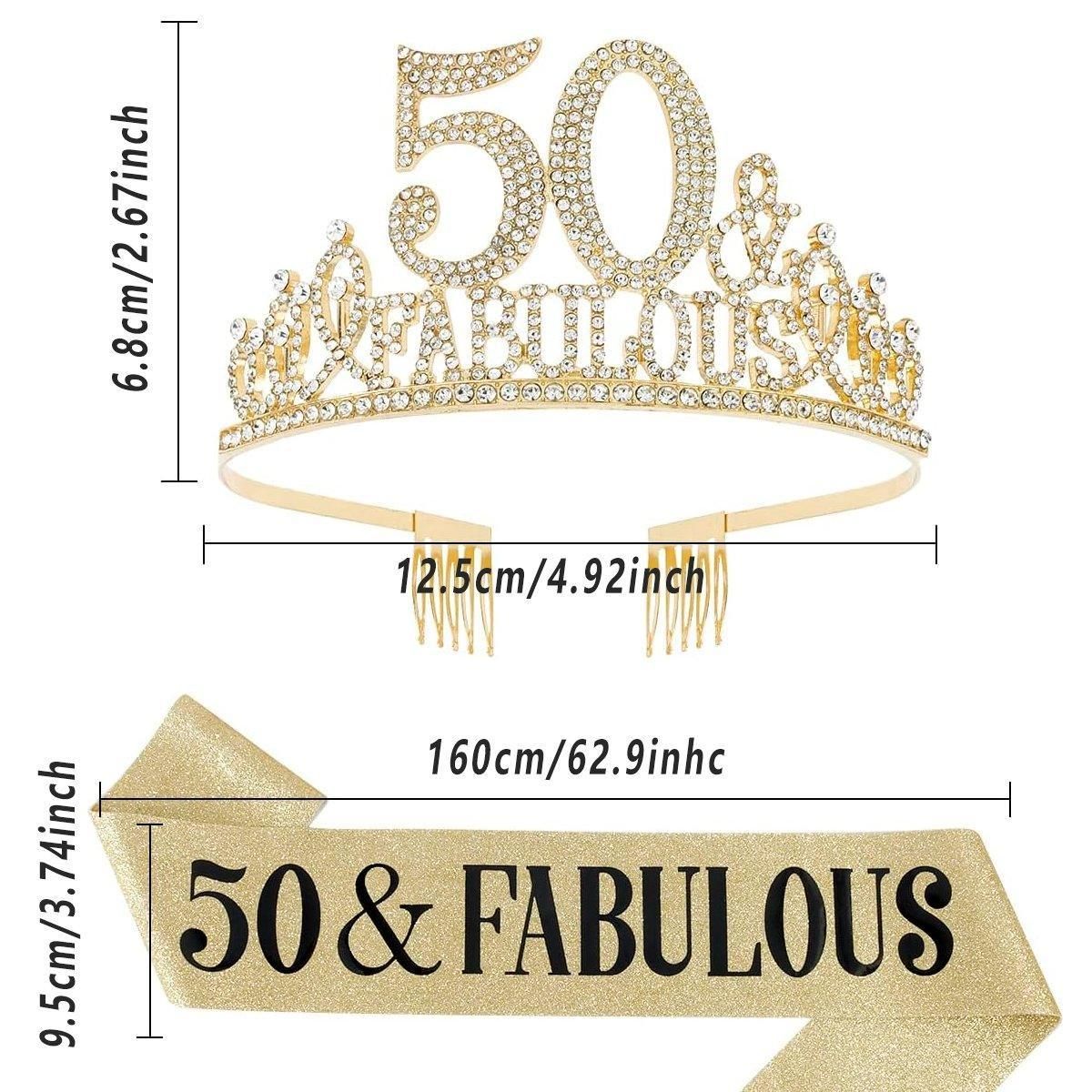 50th Birthday Gold Party Set Hairband Crown Sash Belt Ceremonial Accessory Kit V528-DIGITAL-CROWN-GOLD-50-600569