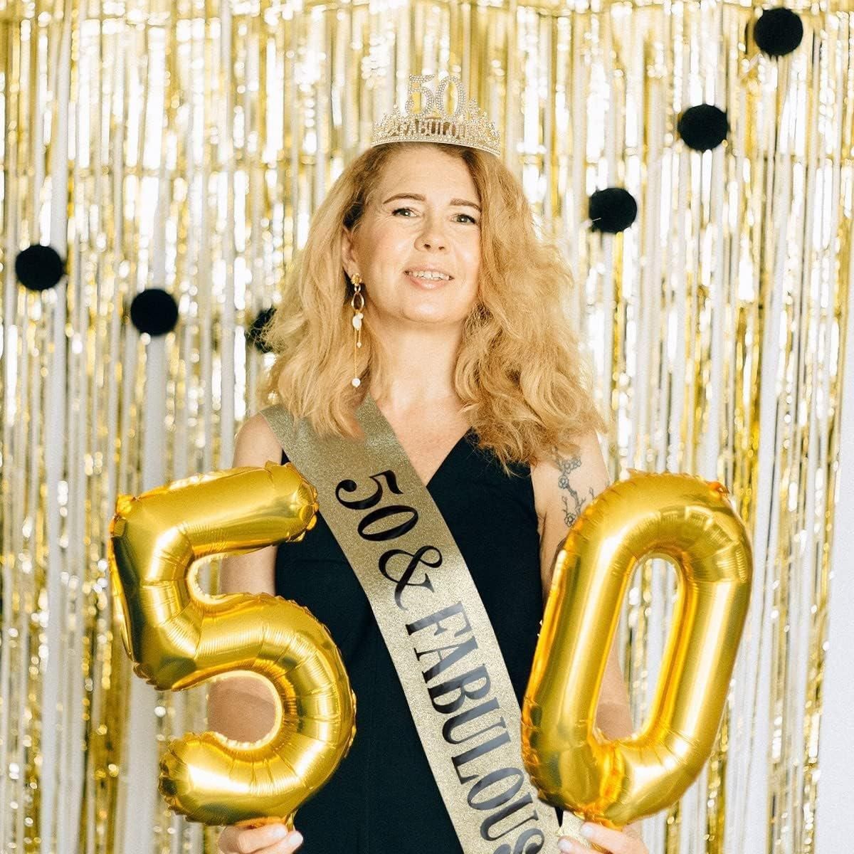 50th Birthday Gold Party Set Hairband Crown Sash Belt Ceremonial Accessory Kit V528-DIGITAL-CROWN-GOLD-50-600569