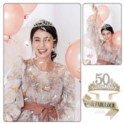 50th Birthday Gold Party Set Hairband Crown Sash Belt Ceremonial Accessory Kit V528-DIGITAL-CROWN-GOLD-50-600569
