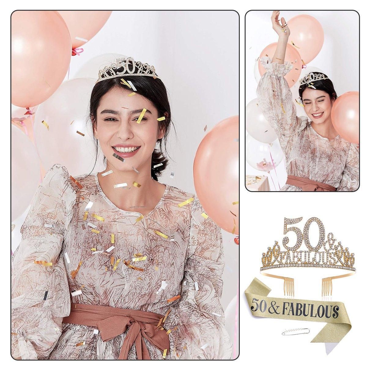 50th Birthday Gold Party Set Hairband Crown Sash Belt Ceremonial Accessory Kit V528-DIGITAL-CROWN-GOLD-50-600569