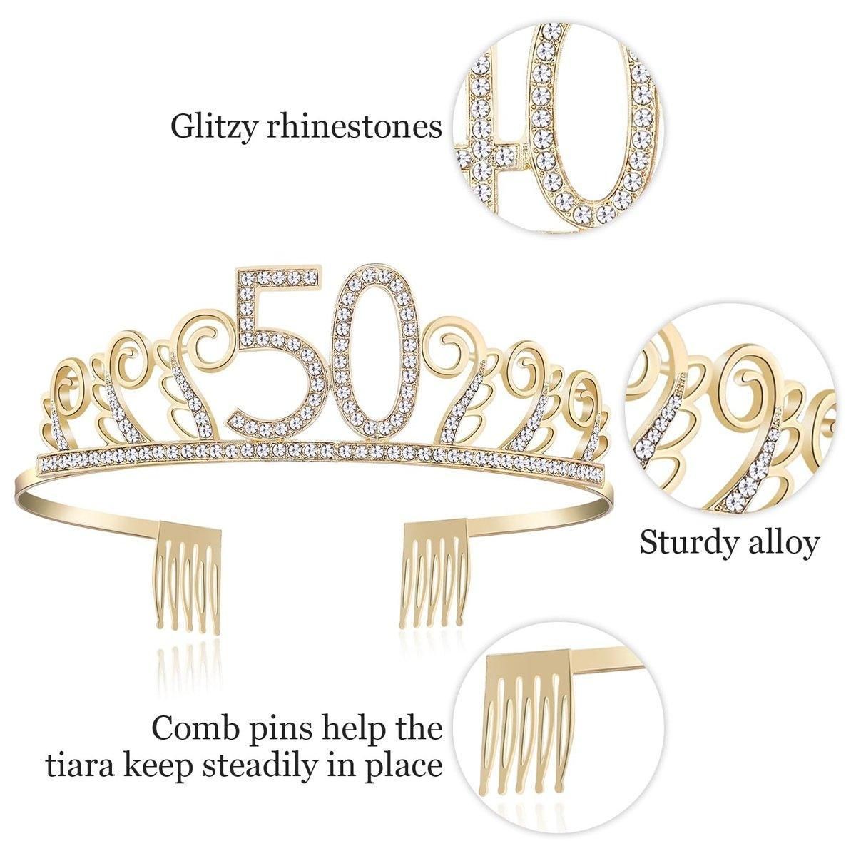 50th Birthday Gold Party Set Hairband Crown Sash Belt Ceremonial Accessory Kit V528-DIGITAL-CROWN-GOLD-50-600569