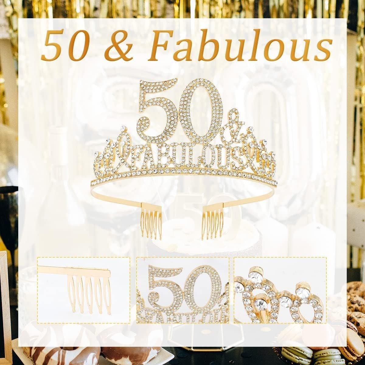 50th Birthday Gold Party Set Hairband Crown Sash Belt Ceremonial Accessory Kit V528-DIGITAL-CROWN-GOLD-50-600569
