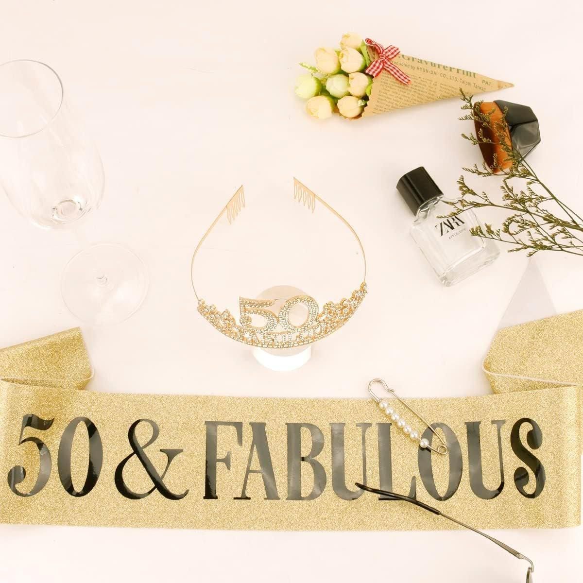 50th Birthday Gold Party Set Hairband Crown Sash Belt Ceremonial Accessory Kit V528-DIGITAL-CROWN-GOLD-50-600569