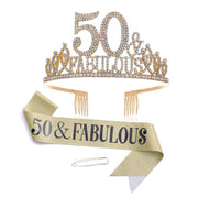 50th Birthday Gold Party Set Hairband Crown Sash Belt Ceremonial Accessory Kit V528-DIGITAL-CROWN-GOLD-50-600569