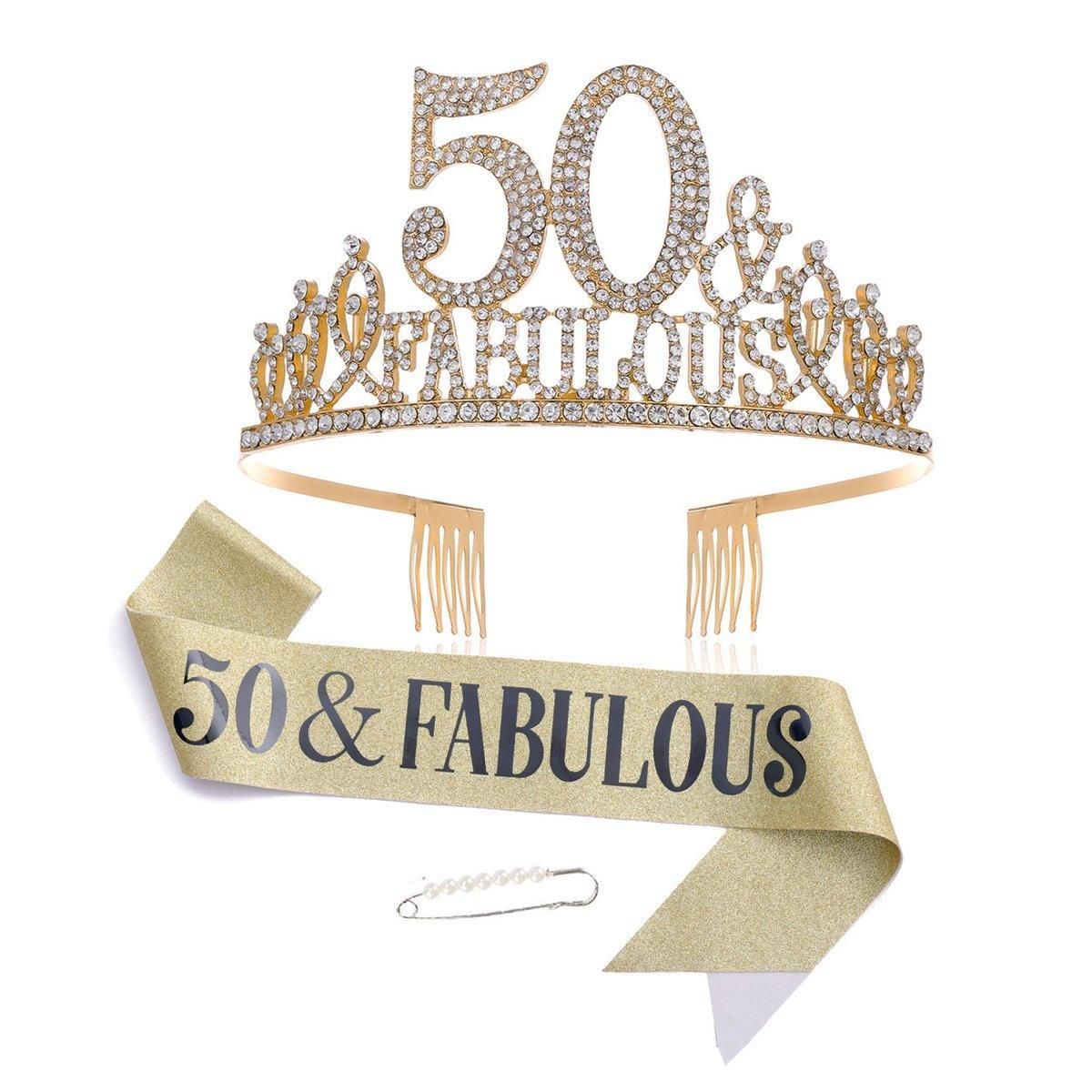 50th Birthday Gold Party Set Hairband Crown Sash Belt Ceremonial Accessory Kit V528-DIGITAL-CROWN-GOLD-50-600569