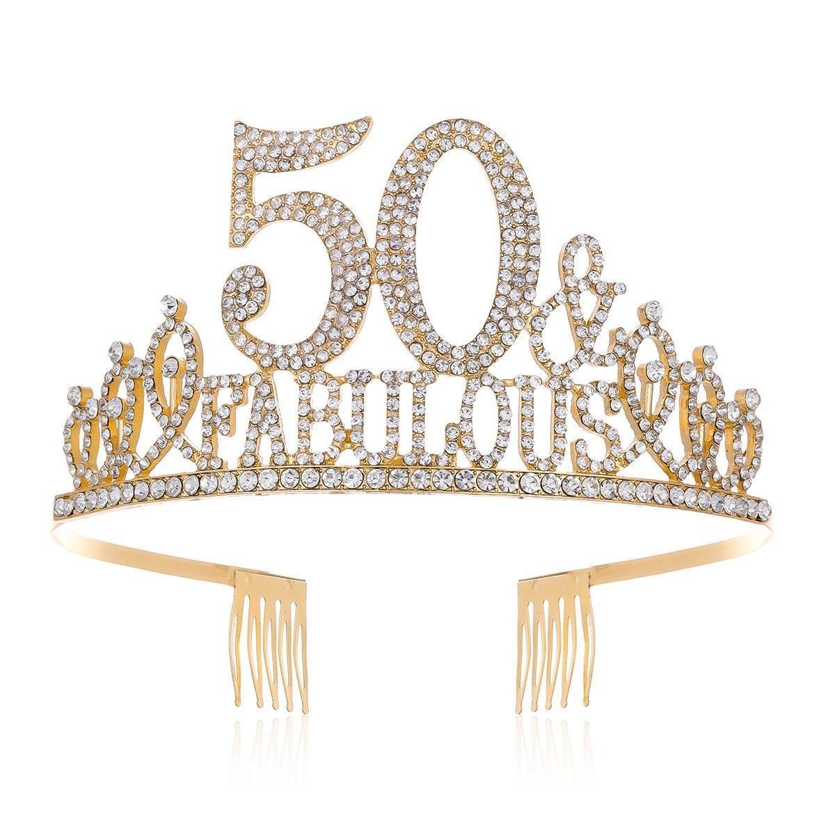 50th Birthday Gold Party Set Hairband Crown Sash Belt Ceremonial Accessory Kit V528-DIGITAL-CROWN-GOLD-50-600569