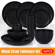 16PCS Eco-Friendly Wheat Straw Portable Tableware Set with Plate Bowl Cup V528-DINNERWARE-BLACK-16PCS-930859