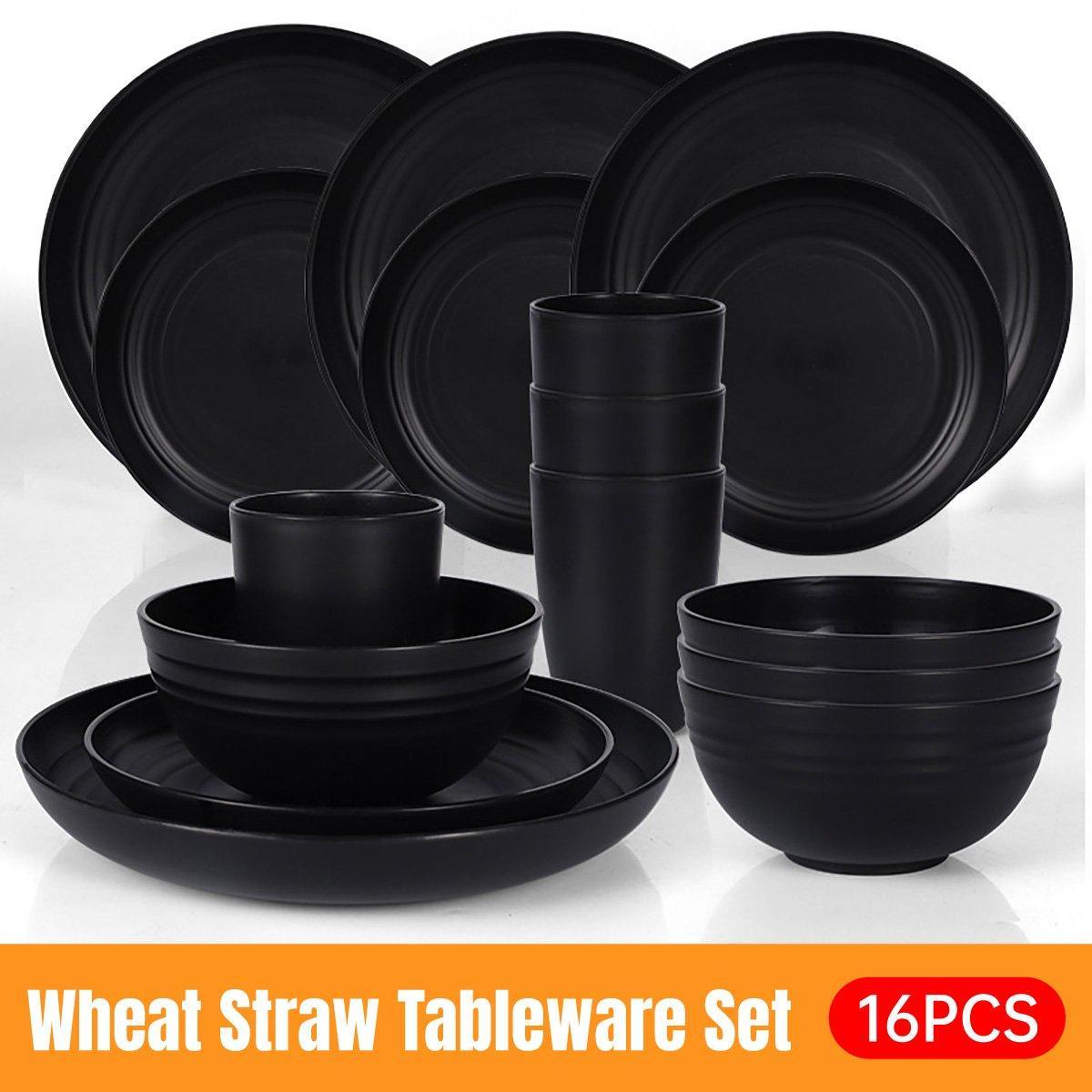 16PCS Eco-Friendly Wheat Straw Portable Tableware Set with Plate Bowl Cup V528-DINNERWARE-BLACK-16PCS-930859