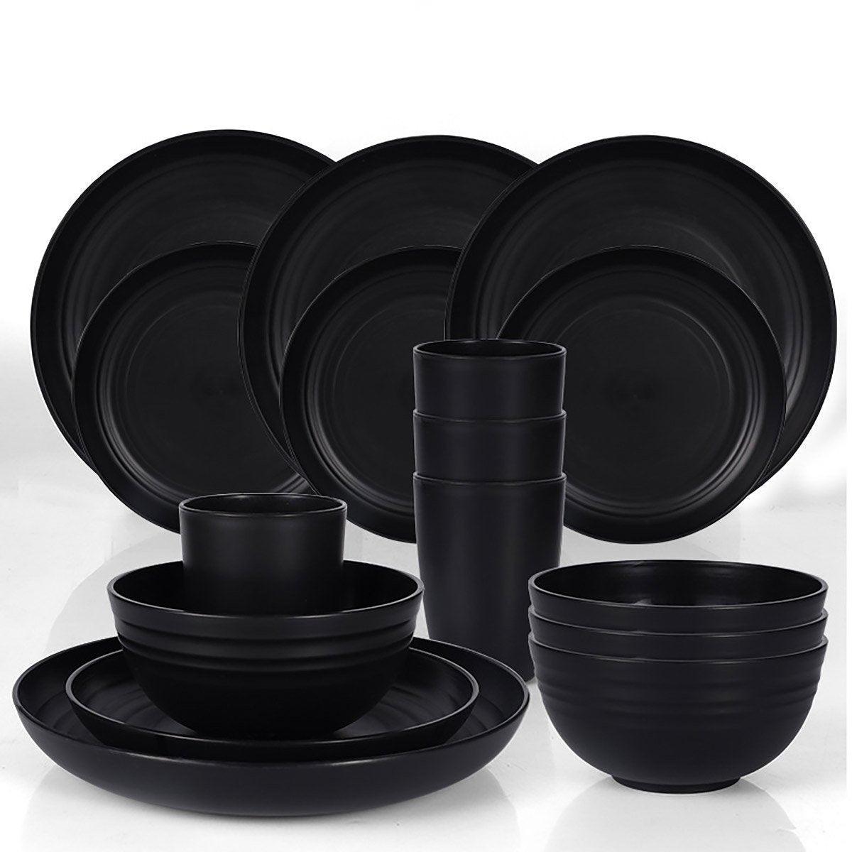 16PCS Eco-Friendly Wheat Straw Portable Tableware Set with Plate Bowl Cup V528-DINNERWARE-BLACK-16PCS-930859