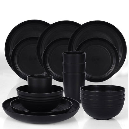 16PCS Eco-Friendly Wheat Straw Portable Tableware Set with Plate Bowl Cup V528-DINNERWARE-BLACK-16PCS-930859