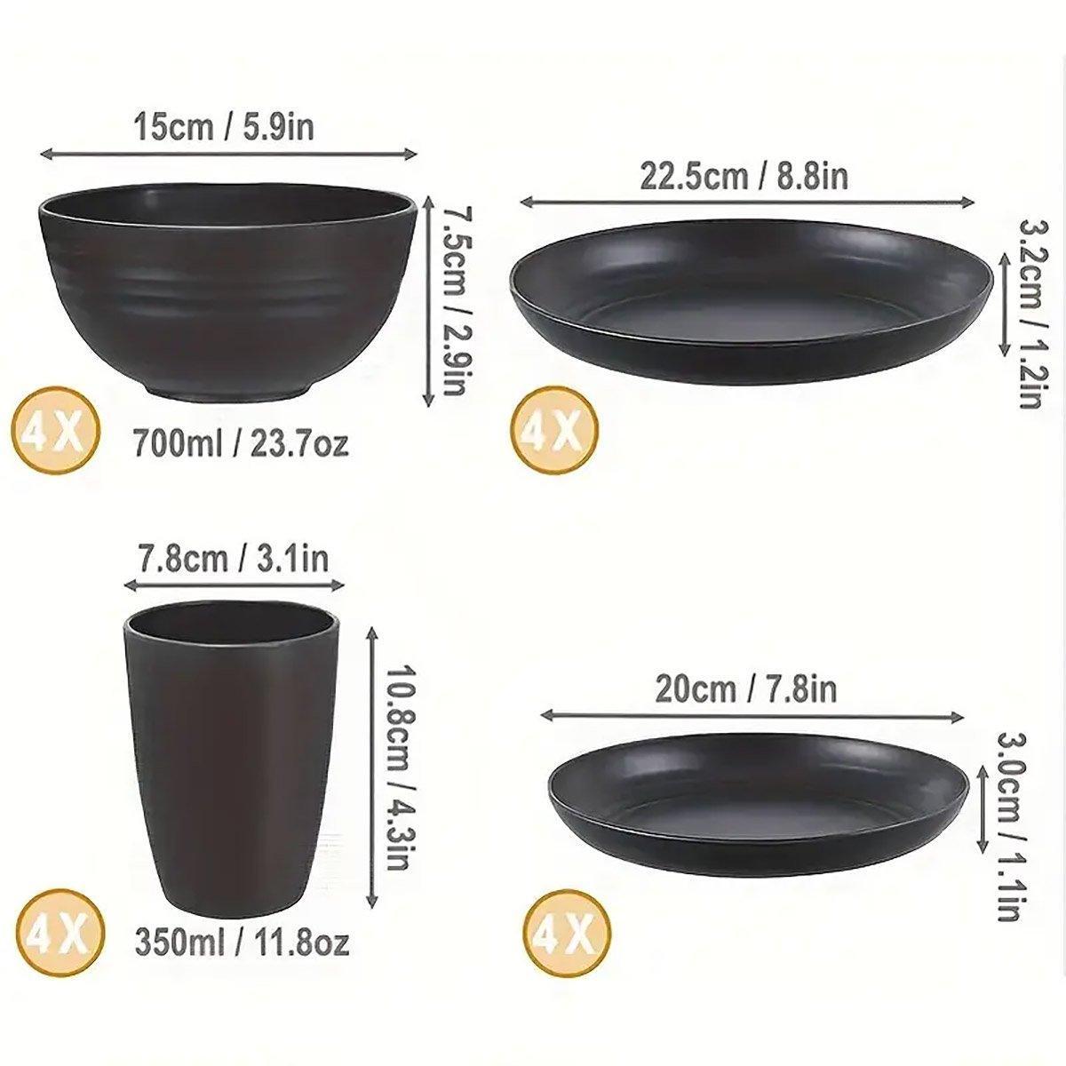 16PCS Eco-Friendly Wheat Straw Portable Tableware Set with Plate Bowl Cup V528-DINNERWARE-BLACK-16PCS-930859