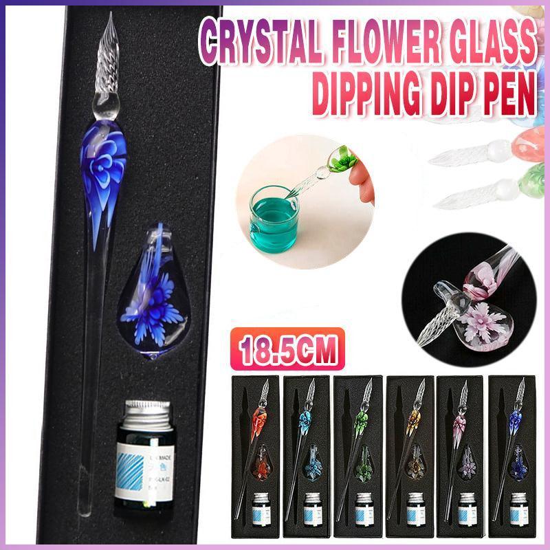 Crystal Flower Glass Dipping Dip Pen Writing Set Gift Pack Fountain Calligraphy - Blue V528-DIPPINGPENSET-BLUE-201413