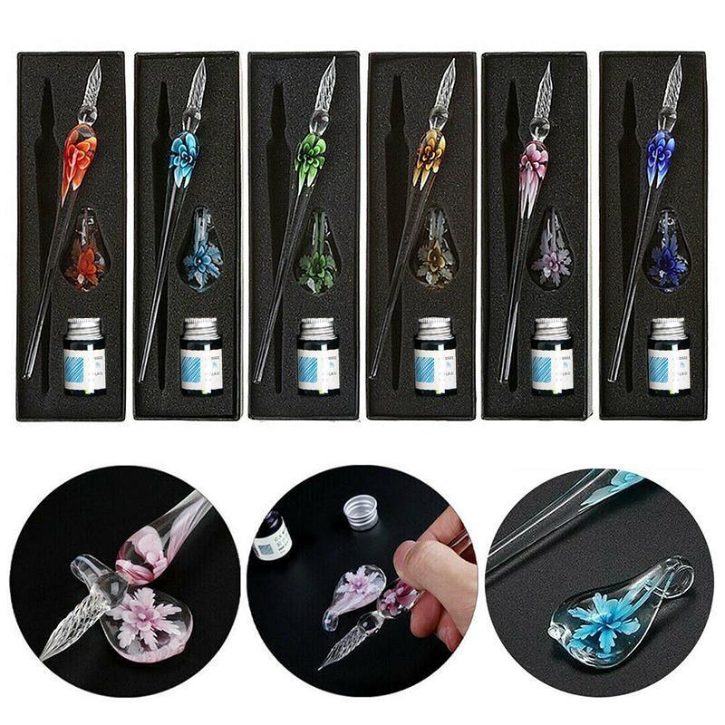 Crystal Flower Glass Dipping Dip Pen Writing Set Gift Pack Fountain Calligraphy - Orange V528-DIPPINGPENSET-ORANGE-543680