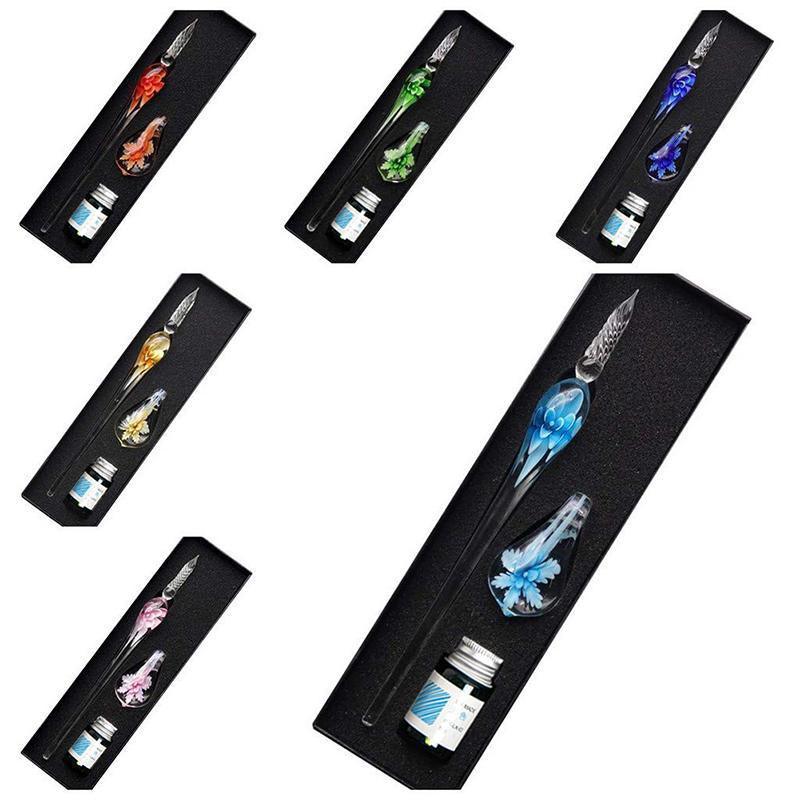 Crystal Flower Glass Dipping Dip Pen Writing Set Gift Pack Fountain Calligraphy - Yellow V528-DIPPINGPENSET-YELLOW-928266