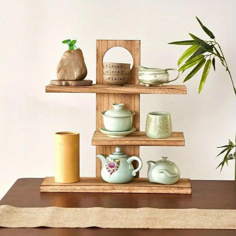 Wooden Desktop Tea Set Rack Display Stand Organizer Storage Shelf for Teaware - Brown V528-DISPLAY-STAND-DARK-596123