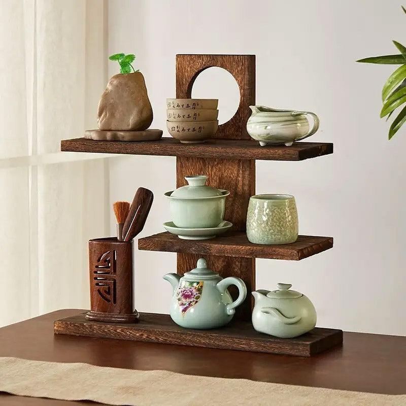 Wooden Desktop Tea Set Rack Display Stand Organizer Storage Shelf for Teaware - Brown V528-DISPLAY-STAND-DARK-596123