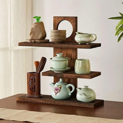 Wooden Desktop Tea Set Rack Display Stand Organizer Storage Shelf for Teaware - Brown V528-DISPLAY-STAND-DARK-596123