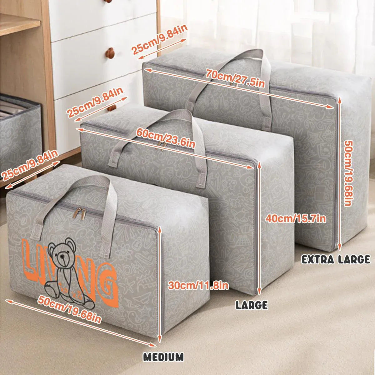 2pcs Cartoon Bear Luggage Organizer Storage Bags Blanket Quilt Closet Box Set - White-M V528-DOGGY-BAG-M-WHITE-759325