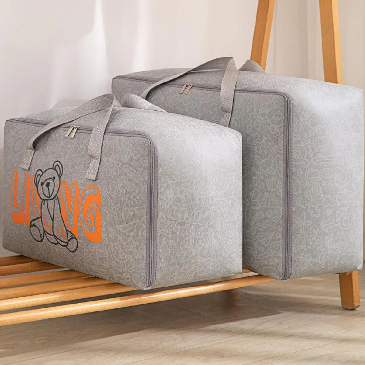 2pcs Cartoon Bear Luggage Organizer Storage Bags Blanket Quilt Closet Box Set - White-M V528-DOGGY-BAG-M-WHITE-759325