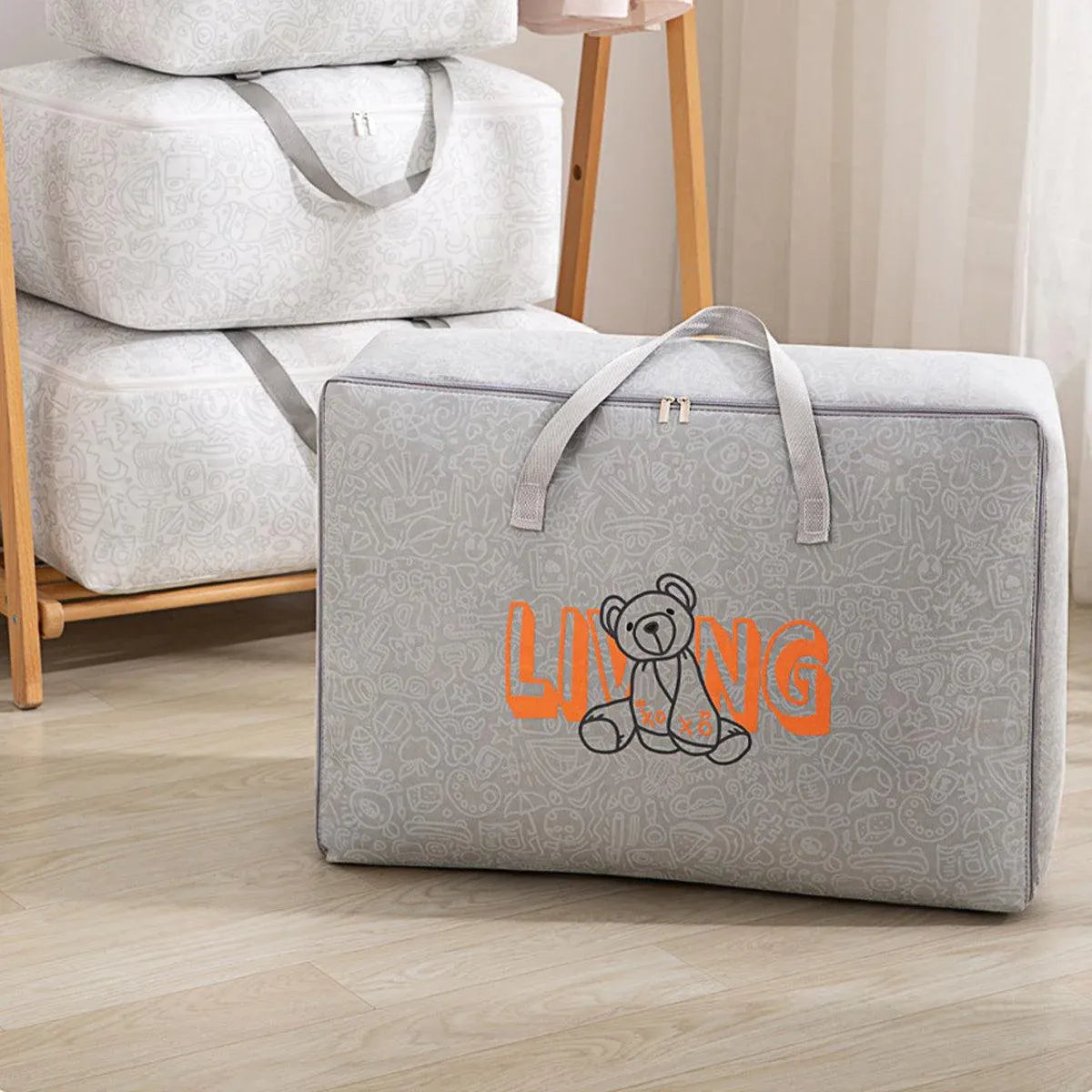 2pcs Cartoon Bear Luggage Organizer Storage Bags Blanket Quilt Closet Box Set - White-M V528-DOGGY-BAG-M-WHITE-759325