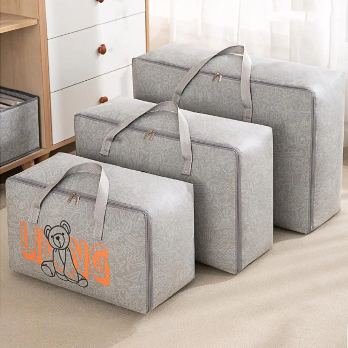2pcs Cartoon Bear Luggage Organizer Storage Bags Blanket Quilt Closet Box Set - White-M V528-DOGGY-BAG-M-WHITE-759325